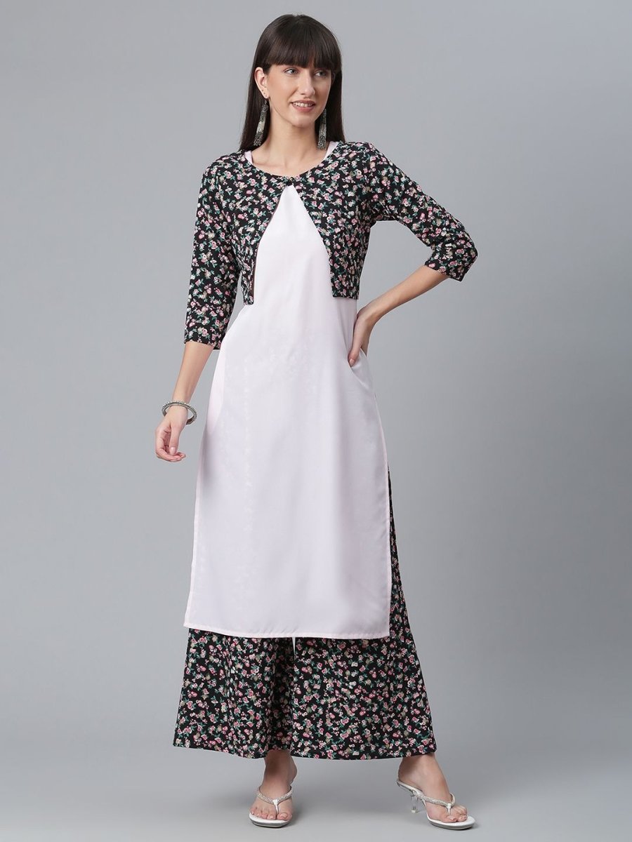 Ahalyaa Light Pink Crepe Solid Kurta And Palazzo Set With Jacket | Grocsy