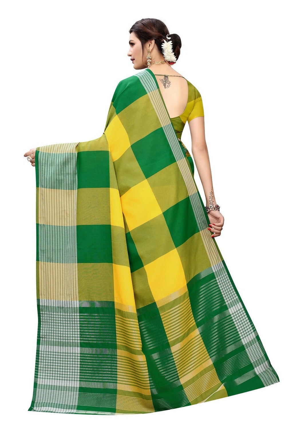 Vamika Yellow Cotton Silk Weaving Saree (Gamma Checks Yellow) | Grocsy