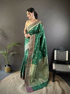Joban Fashion Green Woven Zari Motifs Lichi Silk Banarasi Silk Saree | Grocsy