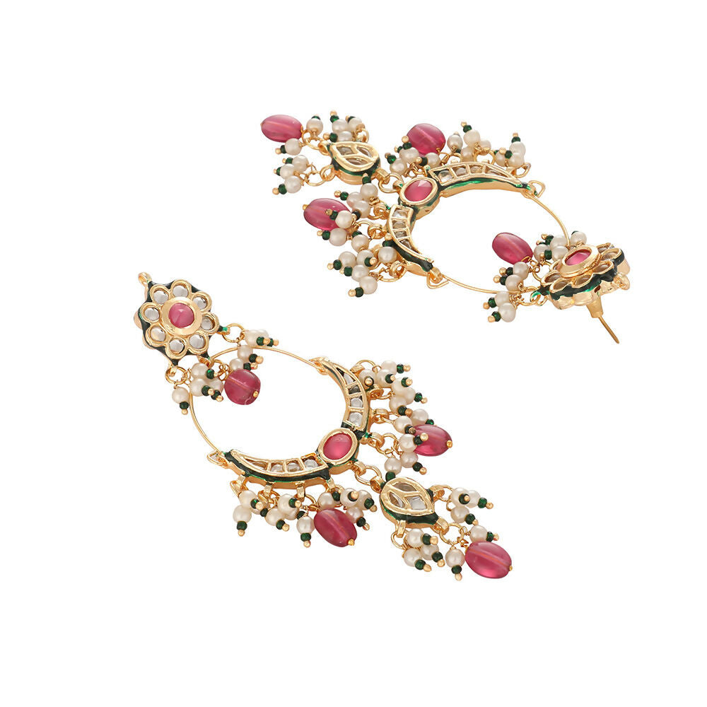 Nuyug 22K Gold Plated Crescent Kundan Drop Pink Stone Chandbali Earrings | Grocsy