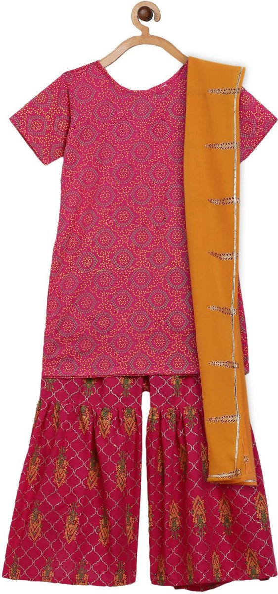Ahalyaa Magenta Cotton Printed Kids Kurta Sharara Set With Dupatta For Girls | Grocsy