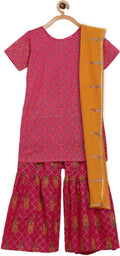 Ahalyaa Magenta Cotton Printed Kids Kurta Sharara Set With Dupatta For Girls | Grocsy