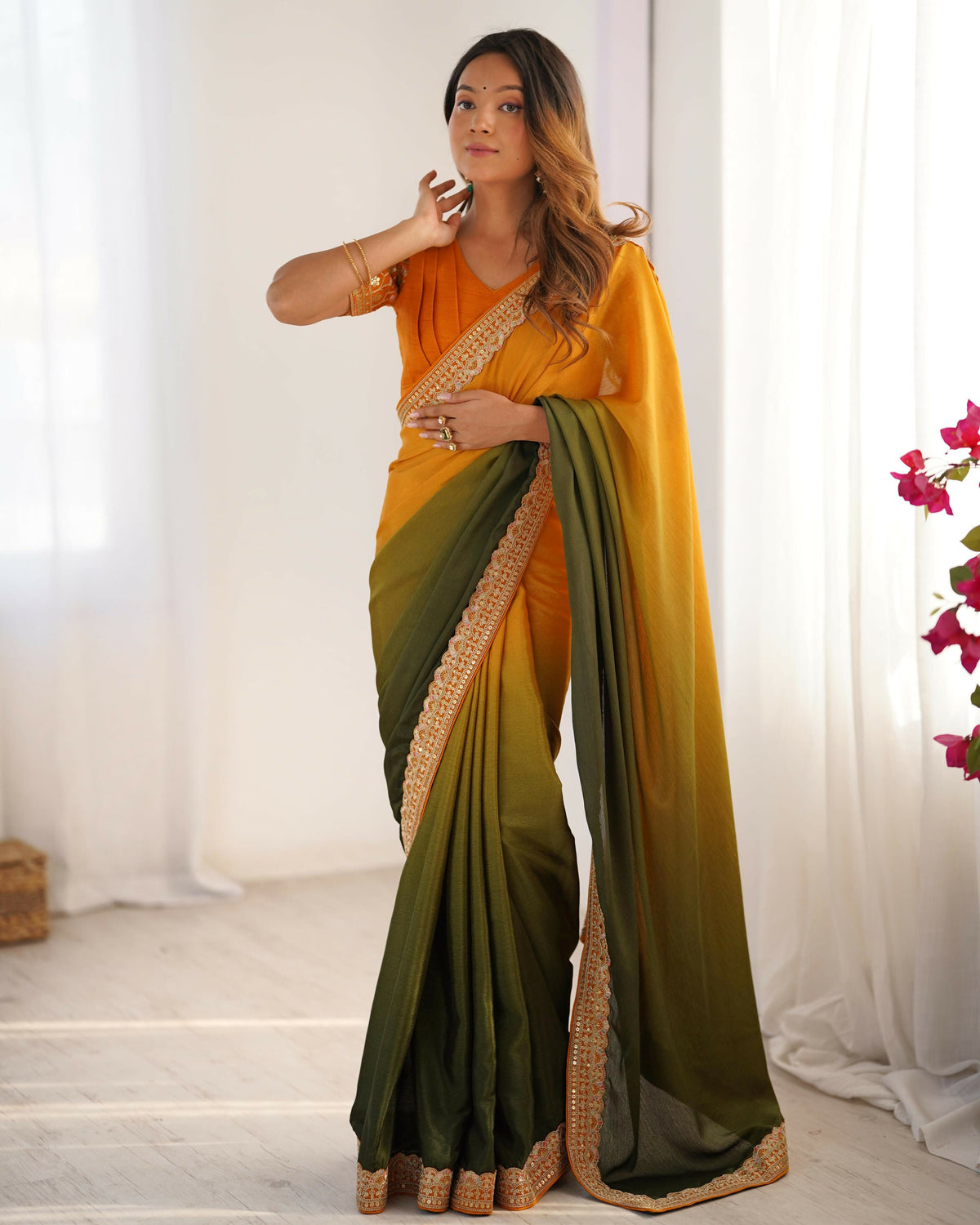 Exclusive Collection Yellow Green Party Wear Chinon Salk Saree | Grocsy