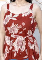Miravan Women's Pure Cotton Red Beautiful Flower Printed Sleeveless Top With Noodle Straps | Grocsy