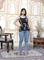 Miravan Women's Pure Cotton Black Floral Printed Round Neck Peplum Noodle Straps Top | Grocsy