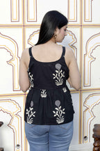 Miravan Women's Pure Cotton Black Floral Printed Round Neck Peplum Noodle Straps Top | Grocsy