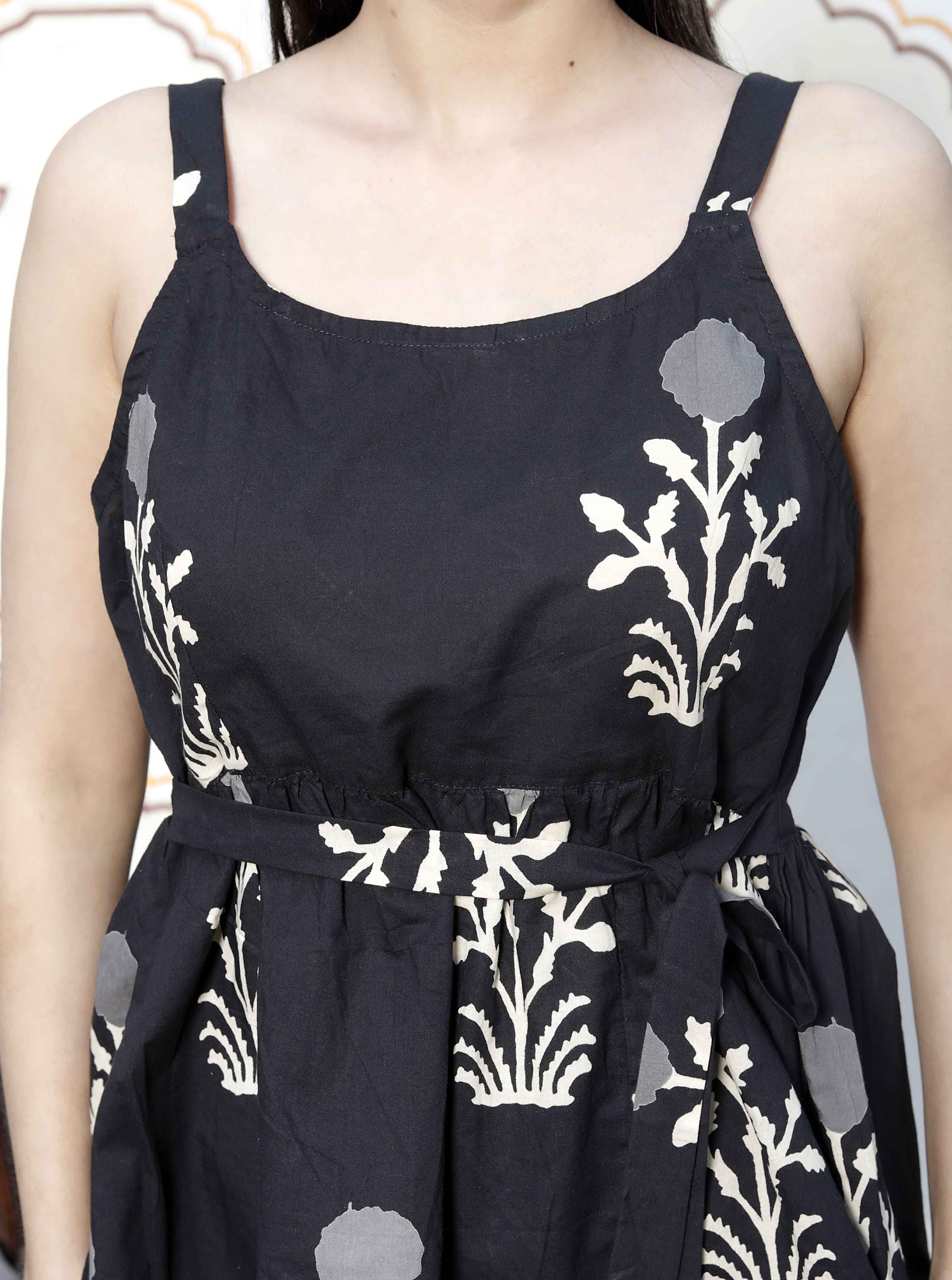 Miravan Women's Pure Cotton Black Floral Printed Round Neck Peplum Noodle Straps Top | Grocsy