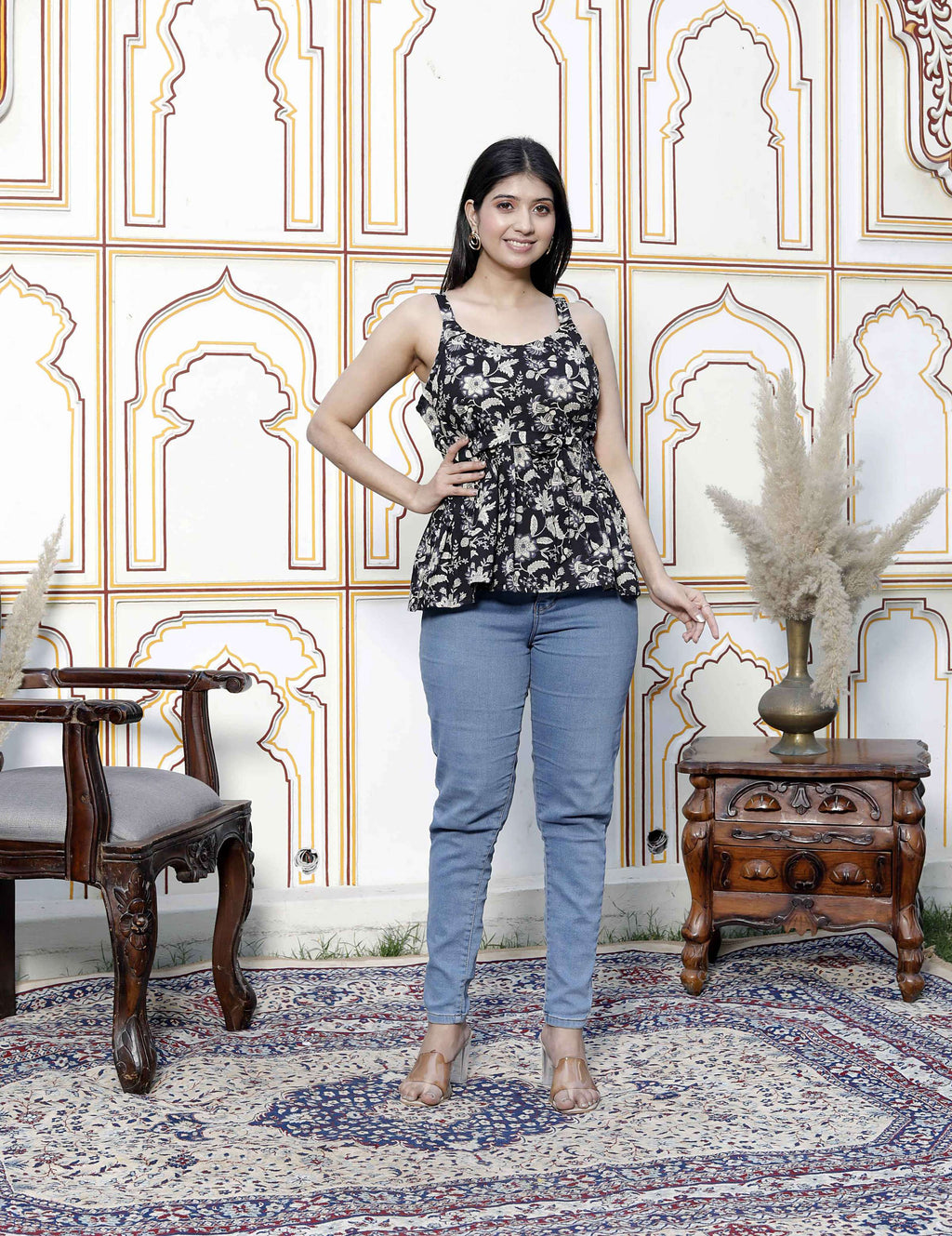 Miravan Women's Pure Cotton Black Floral Printed Noodle Straps Peplum Top | Grocsy