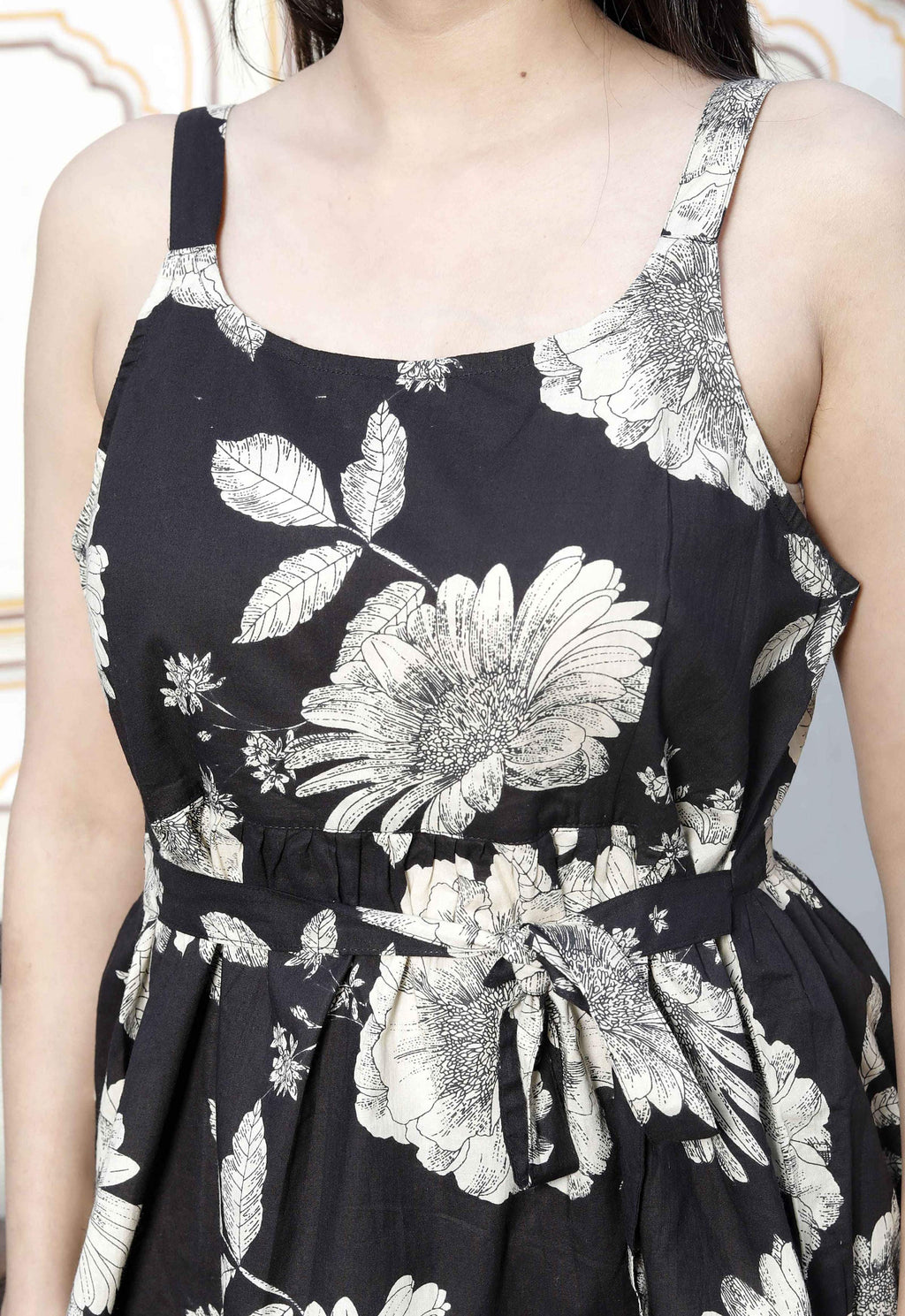 Miravan Women's Pure Cotton Black Floral Print Flared Strappy Noodle PeplumTop | Grocsy