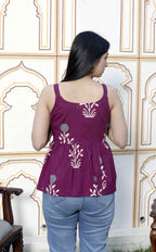 Miravan Women's Pure Cotton Purple Floral Printed Noodle Straps Flared Cotton Top | Grocsy