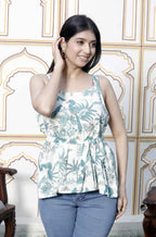 Miravan Women's Pure Cotton Shoulder Straps Light Green Bird And Leaf Printed Flared Top | Grocsy