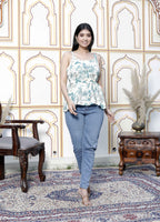 Miravan Women's Pure Cotton Shoulder Straps Light Green Bird And Leaf Printed Flared Top | Grocsy