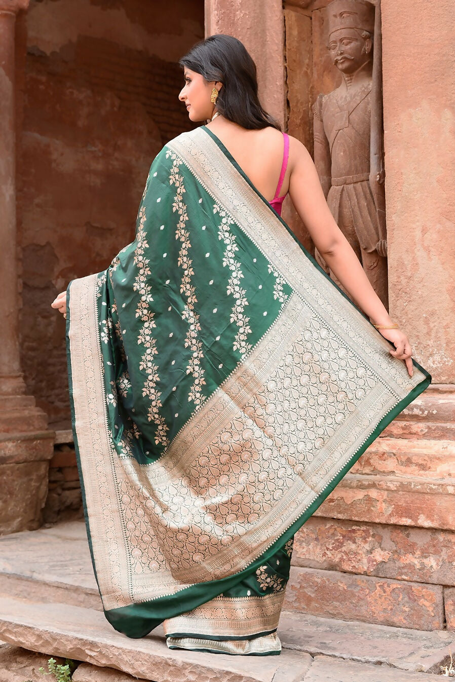 Joban Fashion Emerald Green Banarasi Katan Pure Handloom Banarasi Silk Saree | Grocsy
