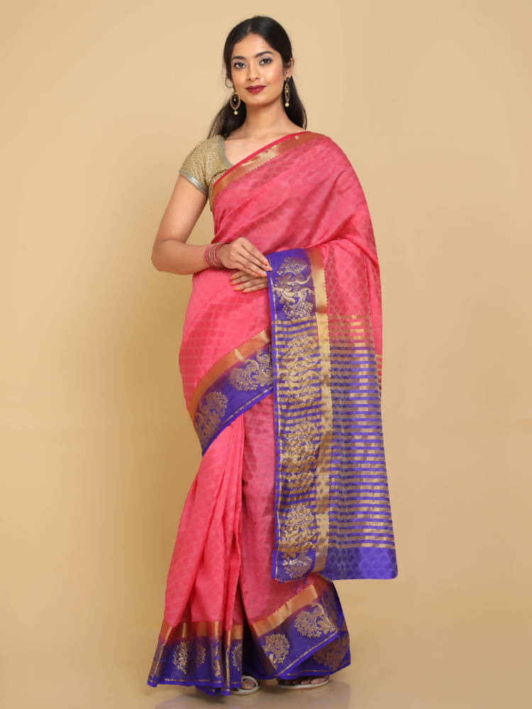 Kalamandir Floral Weaving Pink Pashmina Saree | Grocsy