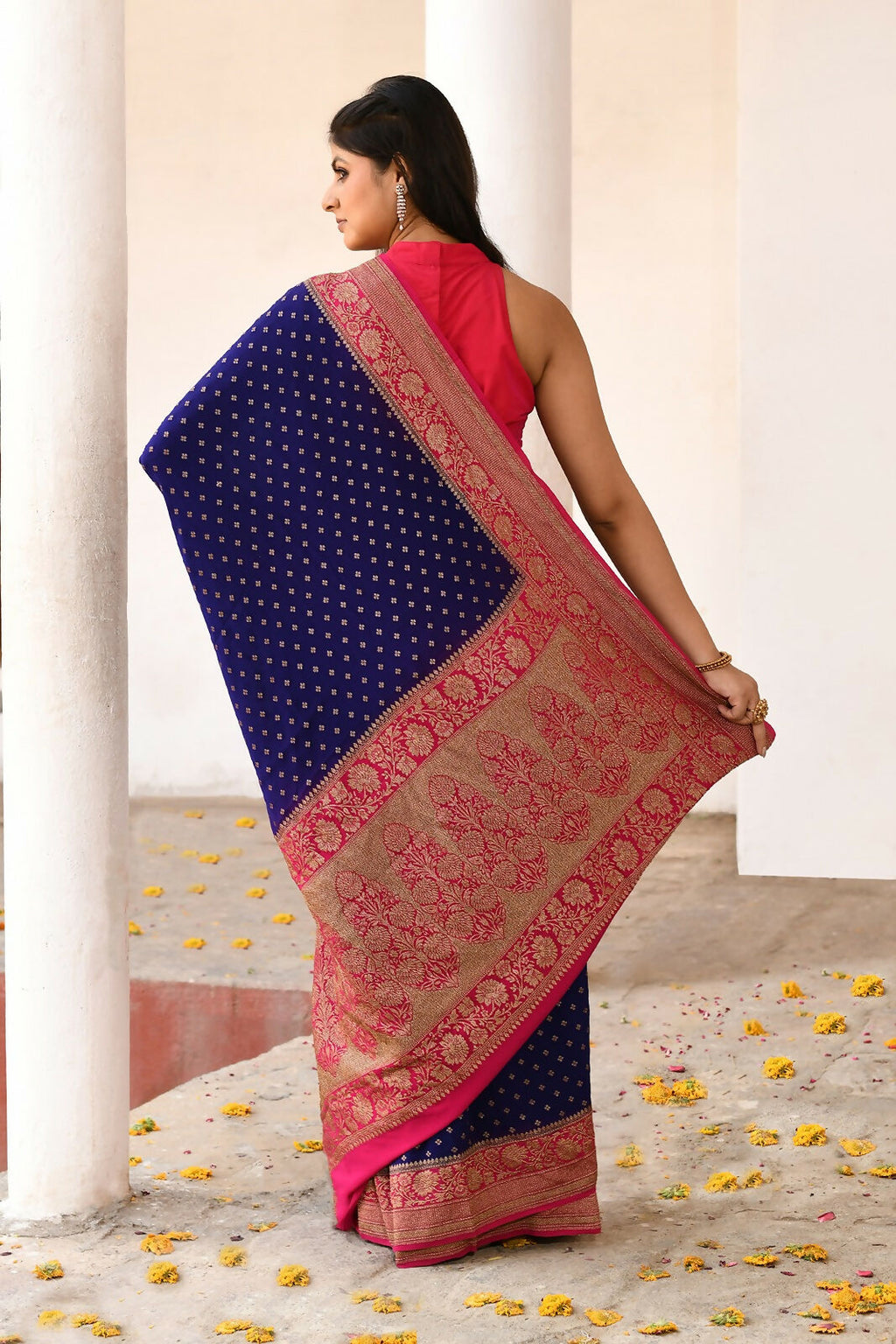 Joban Fashion Navy Blue Crepe Chiffon Pure Handloom Banarasi Silk Saree | Grocsy