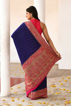 Joban Fashion Navy Blue Crepe Chiffon Pure Handloom Banarasi Silk Saree | Grocsy