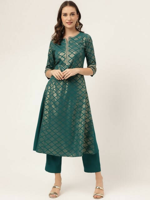 FIORRA Women's Teal Green Poly Crepe A-Line Kurta Set | Grocsy