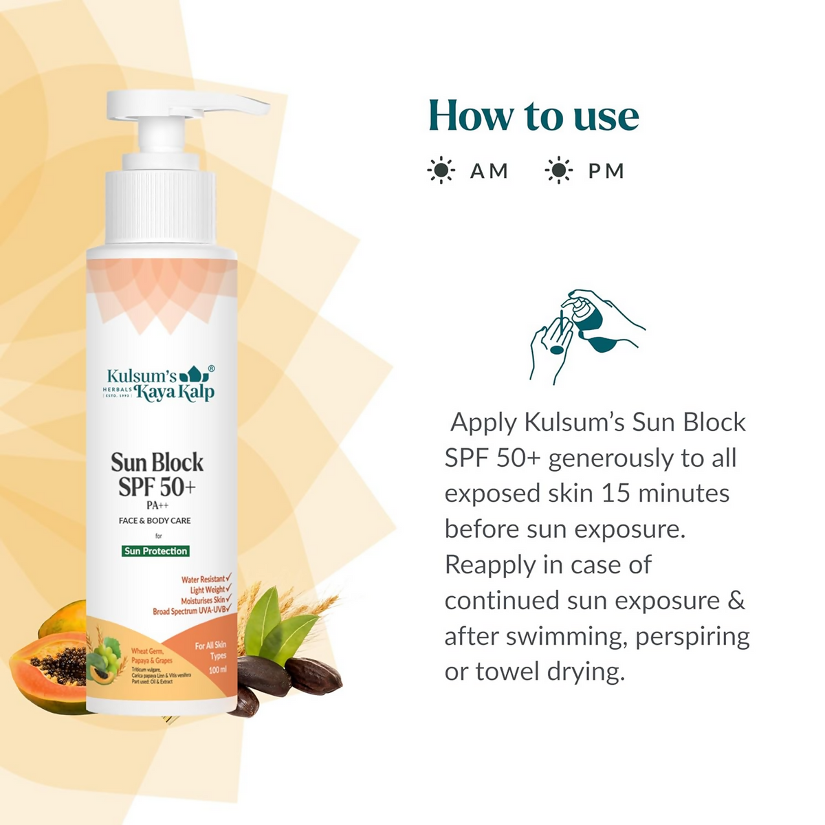Kulsum's Kaya Kalp Sun Block SPF 50+ With Wheat Germ And Papaya For All Skin Types | Grocsy