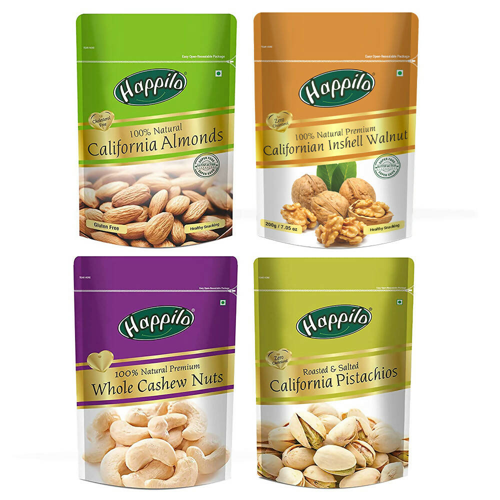 Happilo Premium Dry Fruit Combo (Almond, Cashews, Pistachios & Inshell Walnuts) | Grocsy