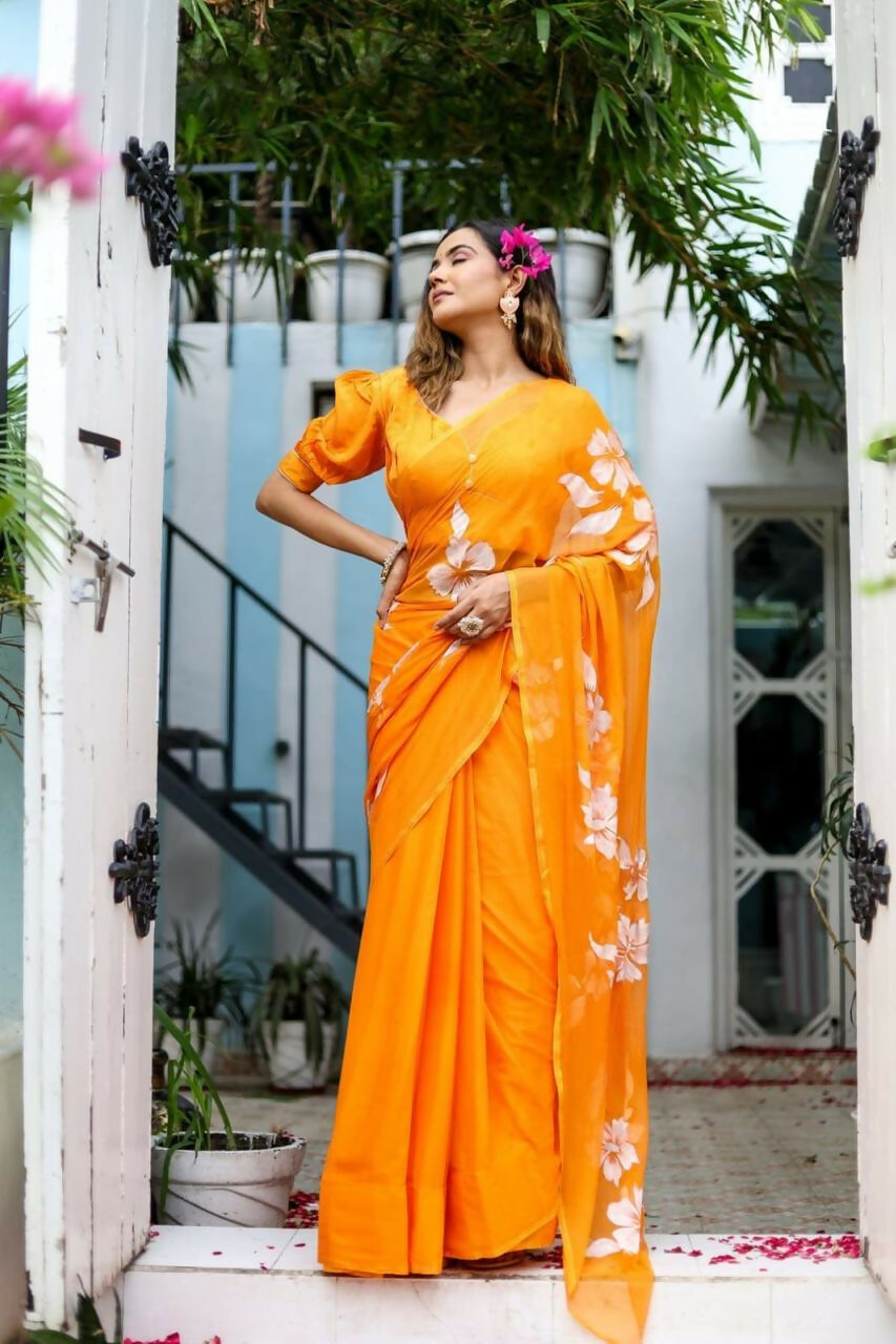 Exclusive Collection Beautiful Orange Pure Cotton Hand Print Handloom Saree With Running Blouse Piece | Grocsy