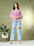 Myshka Women's Printed Georgette A-Line Bell Sleeves Casual Tops In Pink Color | Grocsy