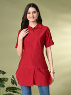Myshka Women's Solid A-Line Collared Neck Casual Tunic In Red Color | Grocsy