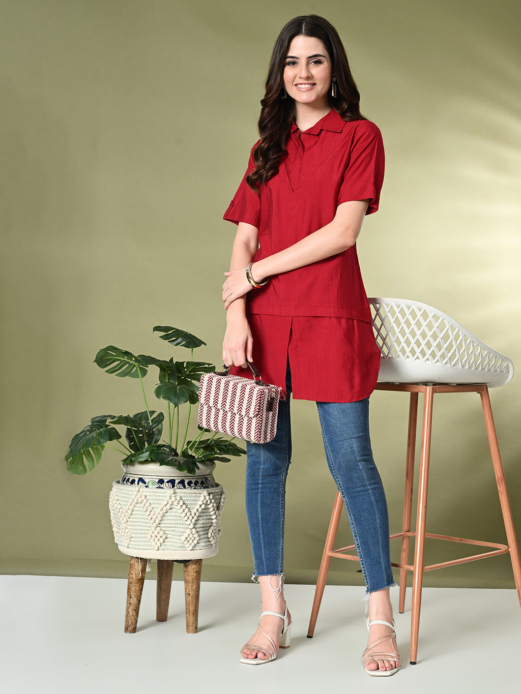 Myshka Women's Solid A-Line Collared Neck Casual Tunic In Red Color | Grocsy