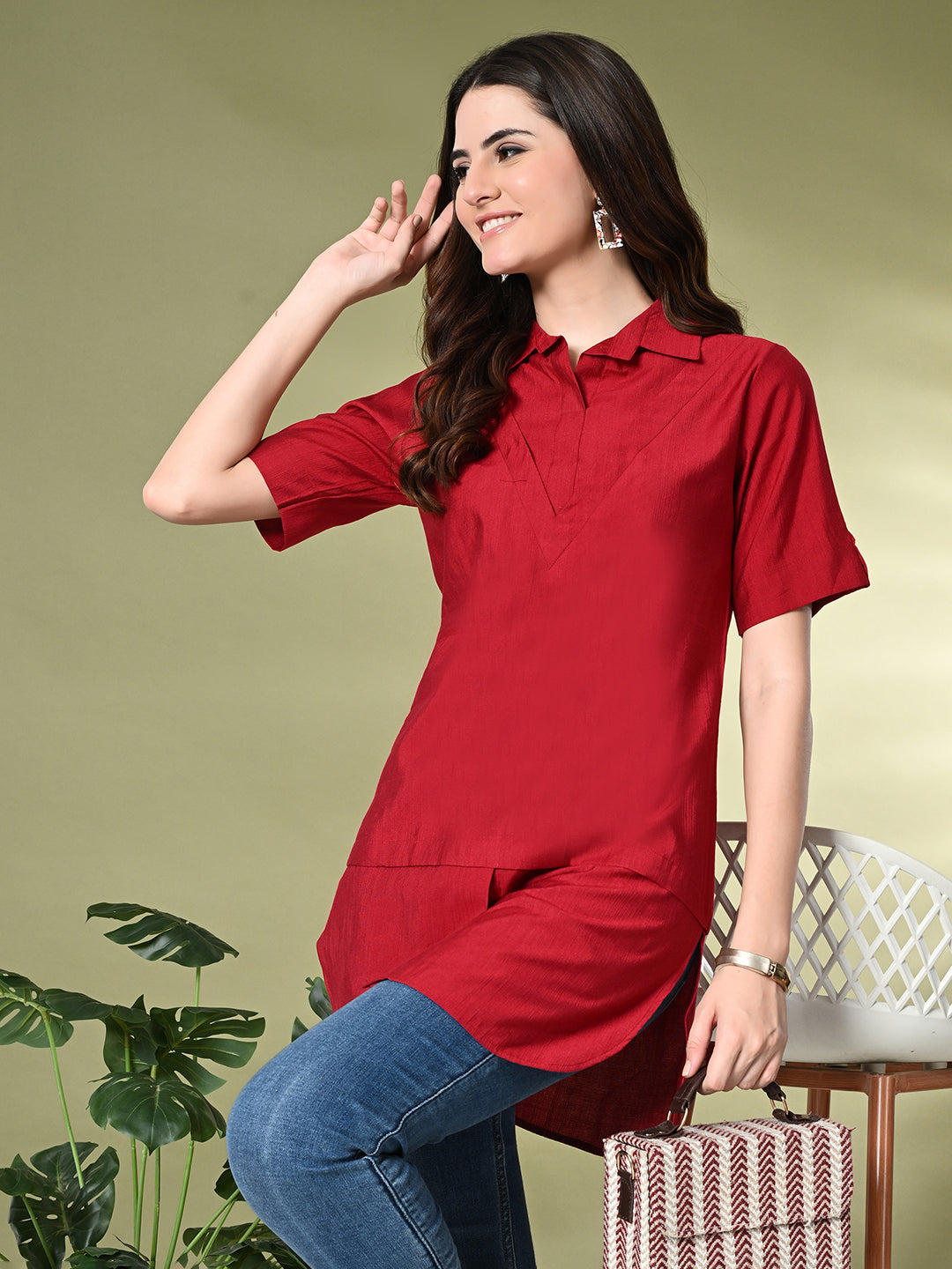 Myshka Women's Solid A-Line Collared Neck Casual Tunic In Red Color | Grocsy