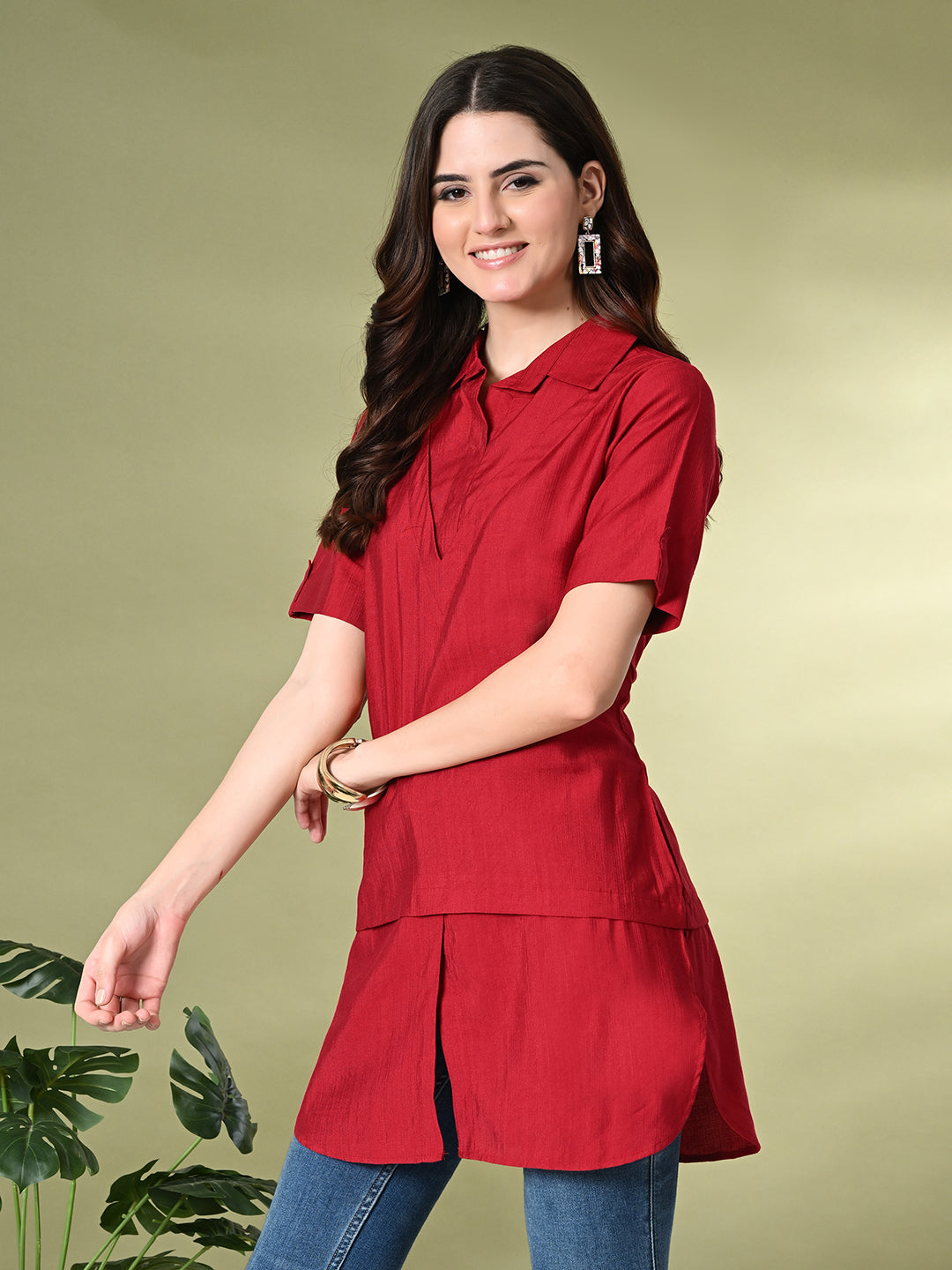 Myshka Women's Solid A-Line Collared Neck Casual Tunic In Red Color | Grocsy