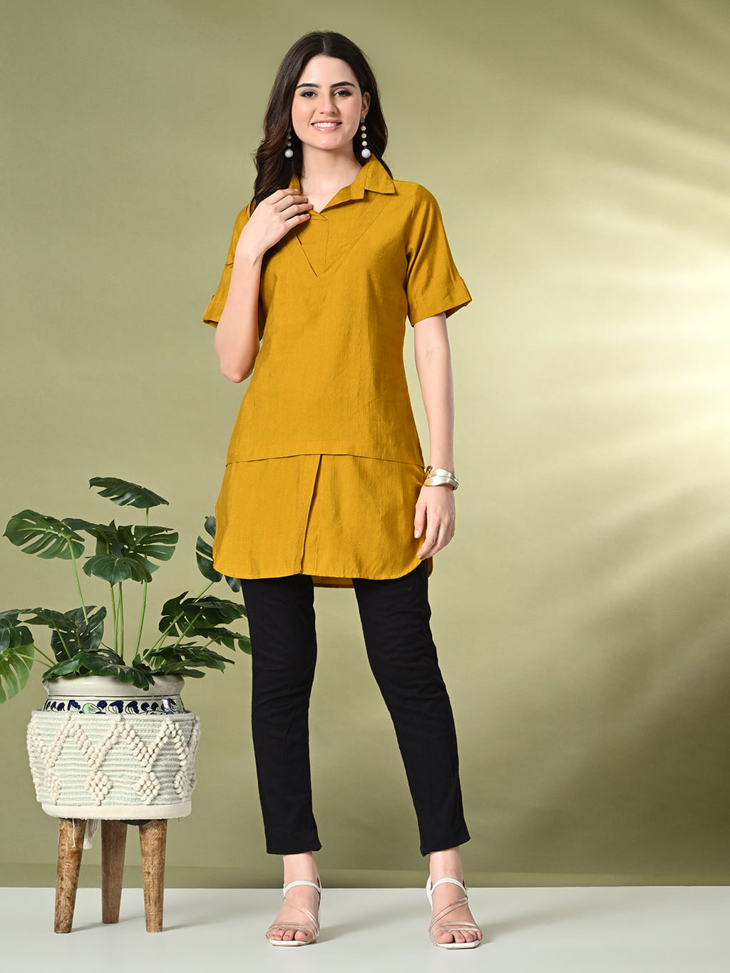 Myshka Women's Solid A-Line Collared Neck Casual Tunic In Mustard Color | Grocsy