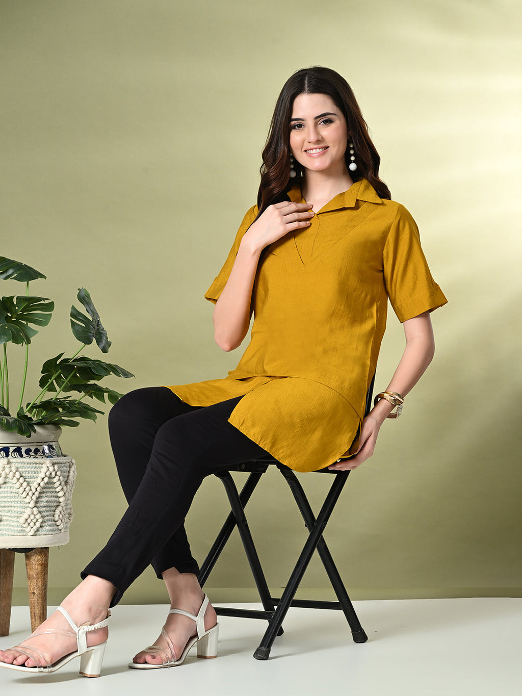 Myshka Women's Solid A-Line Collared Neck Casual Tunic In Mustard Color | Grocsy