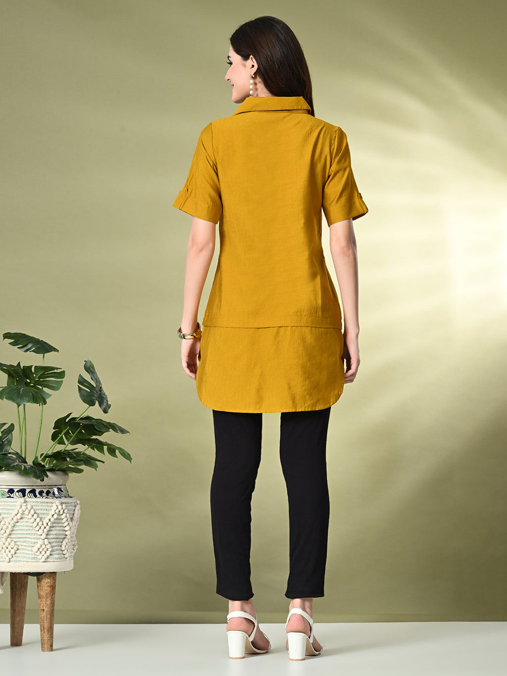 Myshka Women's Solid A-Line Collared Neck Casual Tunic In Mustard Color | Grocsy