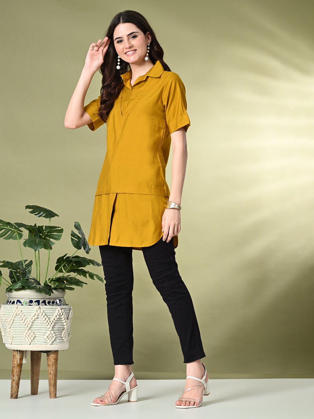Myshka Women's Solid A-Line Collared Neck Casual Tunic In Mustard Color | Grocsy