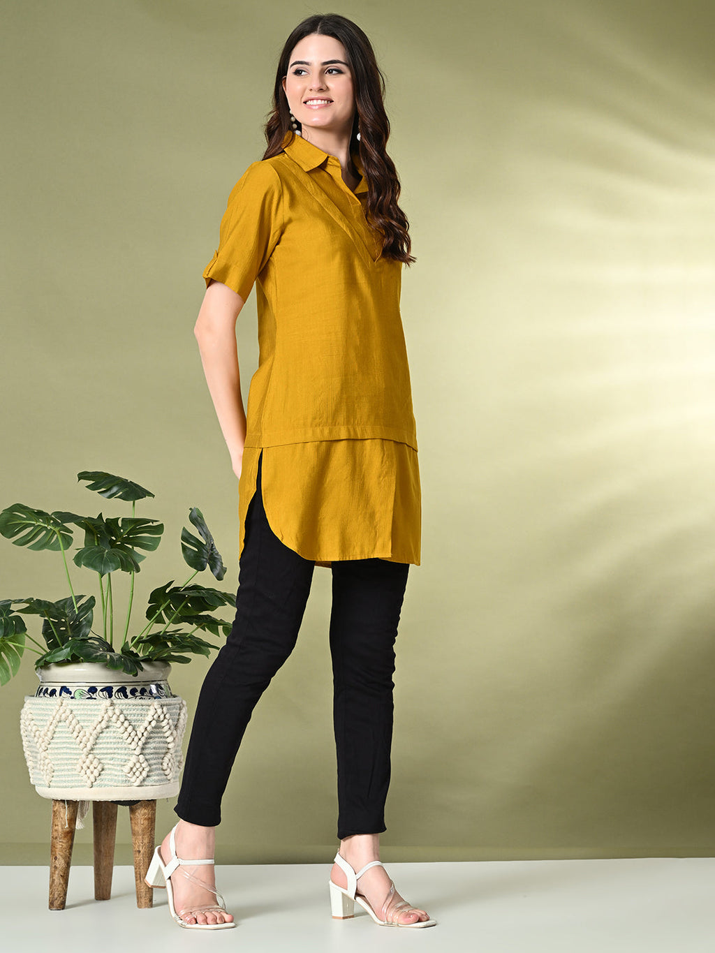 Myshka Women's Solid A-Line Collared Neck Casual Tunic In Mustard Color | Grocsy