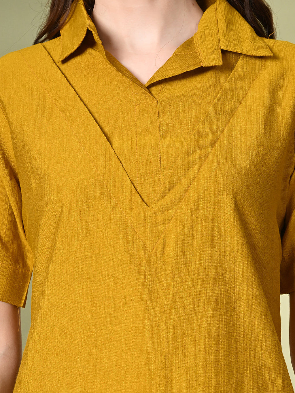 Myshka Women's Solid A-Line Collared Neck Casual Tunic In Mustard Color | Grocsy