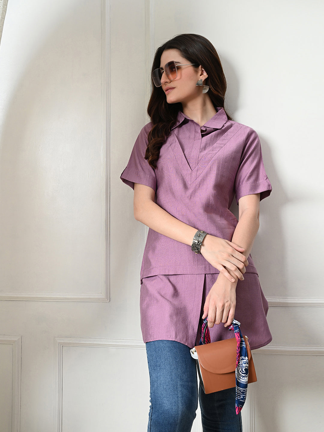 Myshka Women's Solid A-Line Collared Neck Casual Tunic In Lavender Color | Grocsy