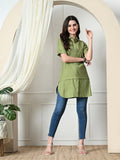 Myshka Women's Solid A-Line Collared Neck Casual Tunic In Green Color | Grocsy