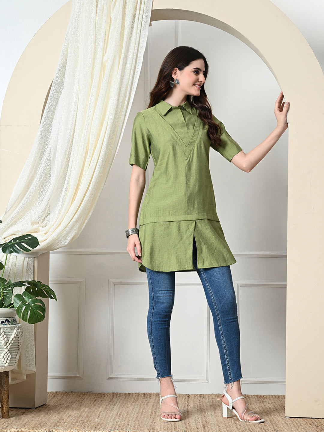 Myshka Women's Solid A-Line Collared Neck Casual Tunic In Green Color | Grocsy