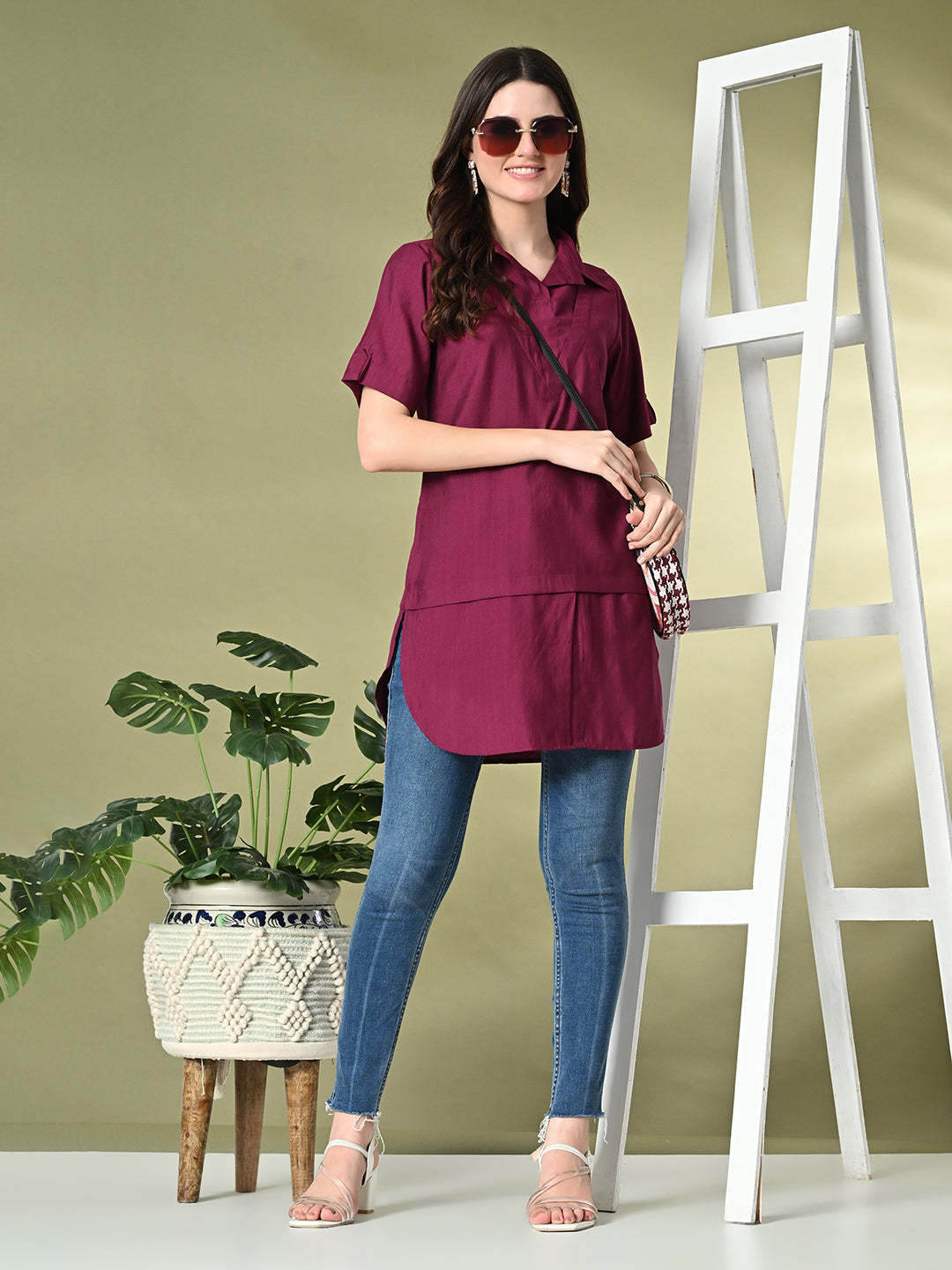 Myshka Women's Solid A-Line Collared Neck Casual Tunic In Wine Color | Grocsy