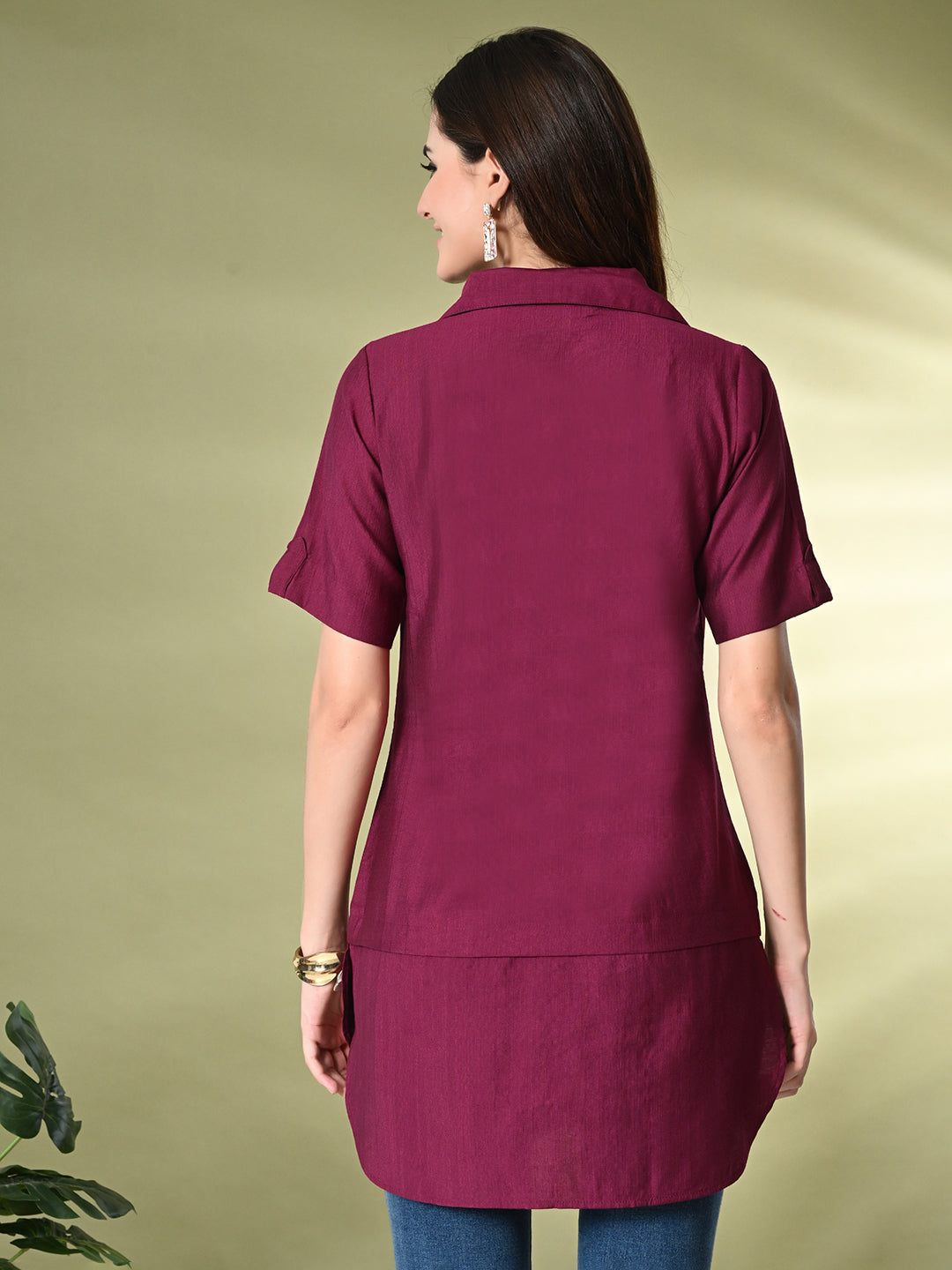 Myshka Women's Solid A-Line Collared Neck Casual Tunic In Wine Color | Grocsy