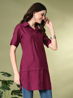 Myshka Women's Solid A-Line Collared Neck Casual Tunic In Wine Color | Grocsy