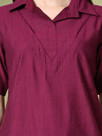 Myshka Women's Solid A-Line Collared Neck Casual Tunic In Wine Color | Grocsy