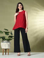 Myshka Women's Solid Embellished Sleeveless Casual Tops In Red Color | Grocsy