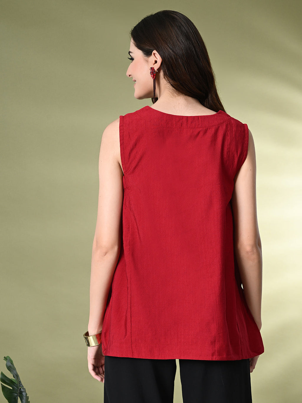 Myshka Women's Solid Embellished Sleeveless Casual Tops In Red Color | Grocsy
