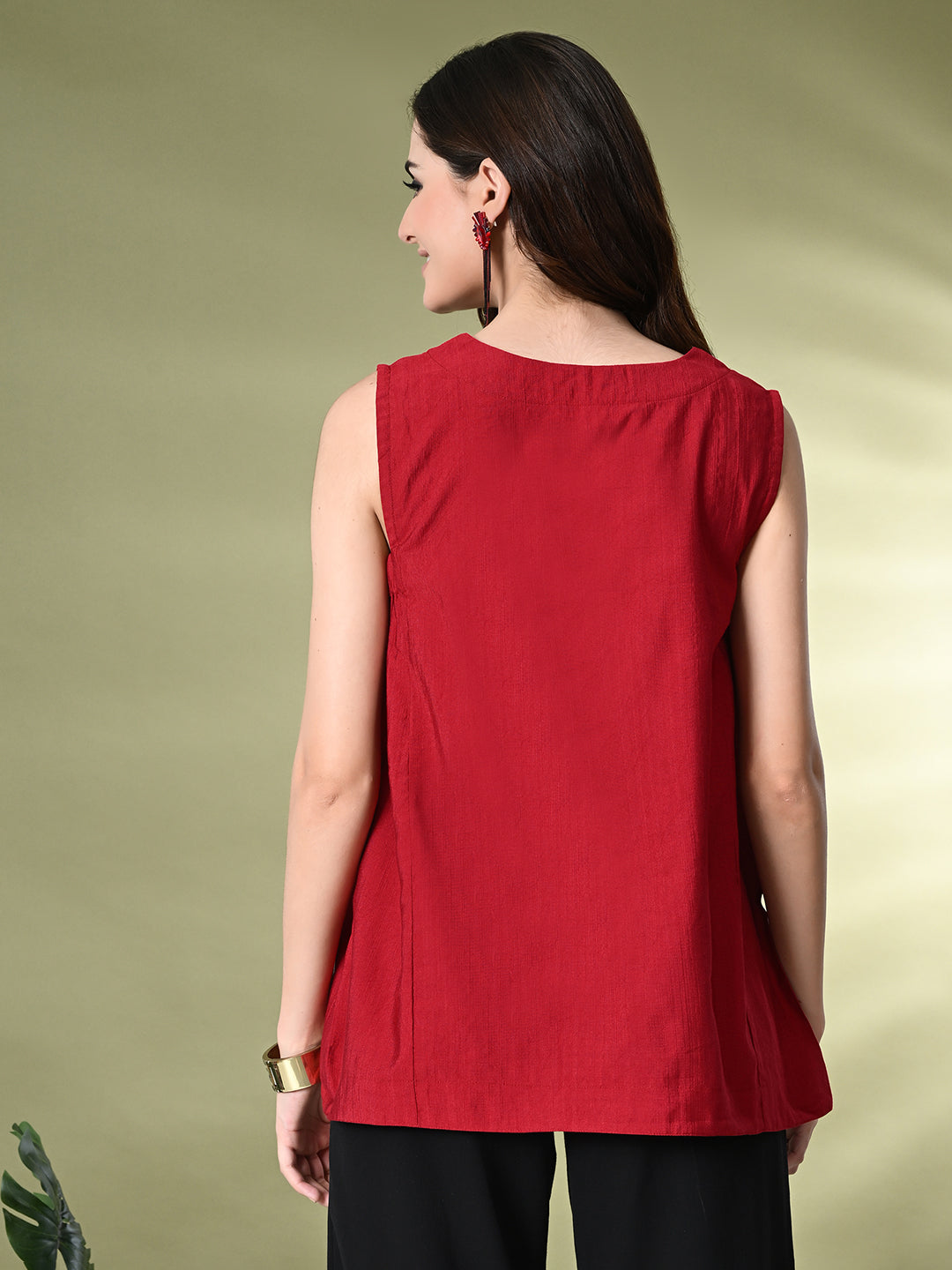 Myshka Women's Solid Embellished Sleeveless Casual Tops In Red Color | Grocsy