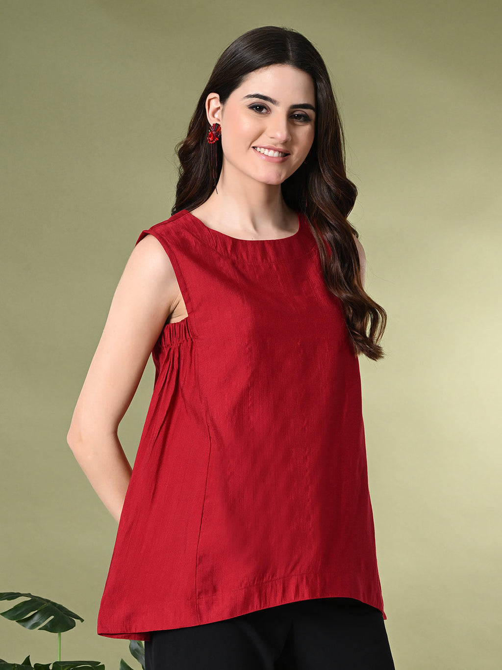 Myshka Women's Solid Embellished Sleeveless Casual Tops In Red Color | Grocsy