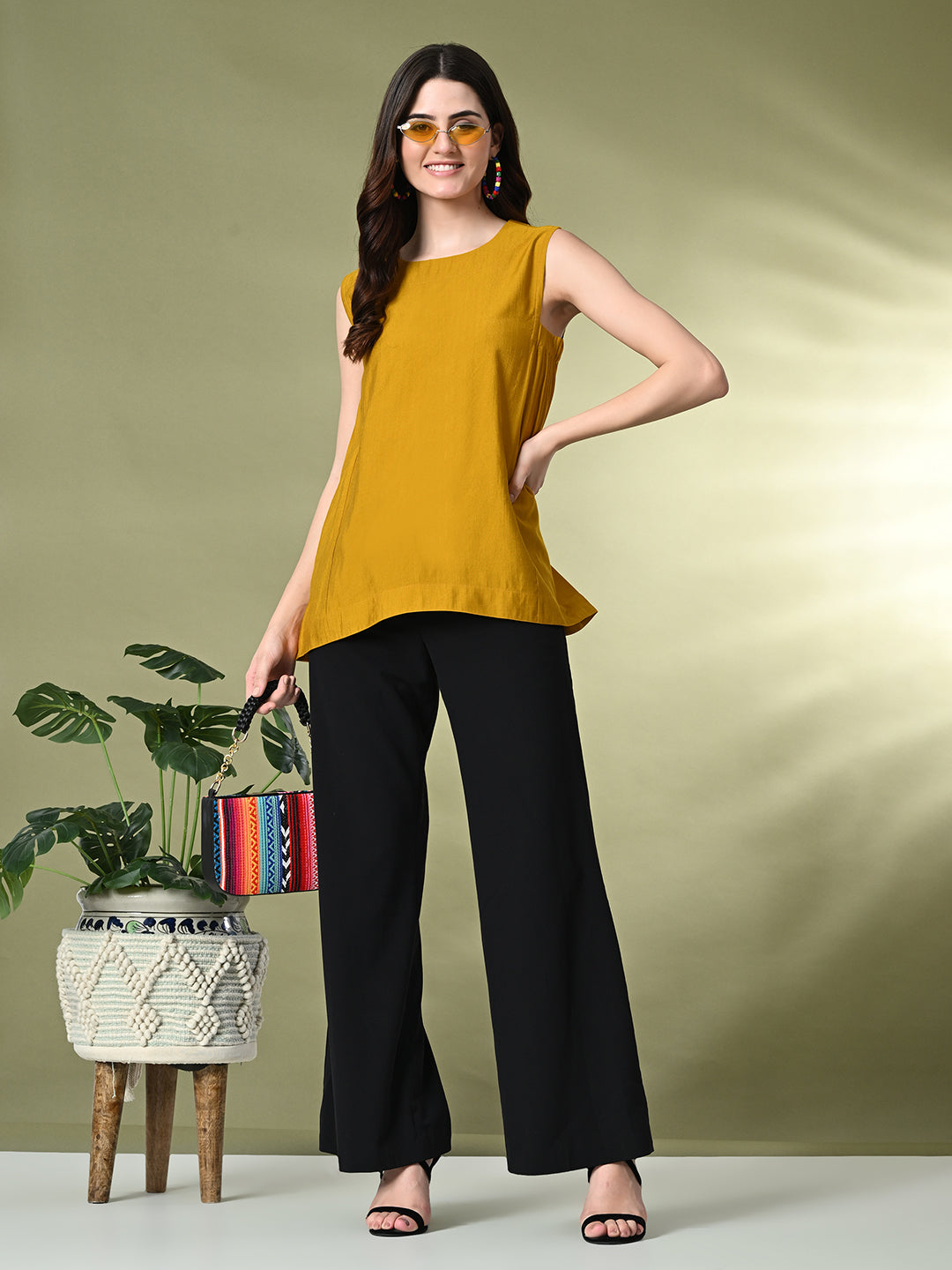 Myshka Women's Solid Embellished Sleeveless Casual Tops In Mustard Color | Grocsy