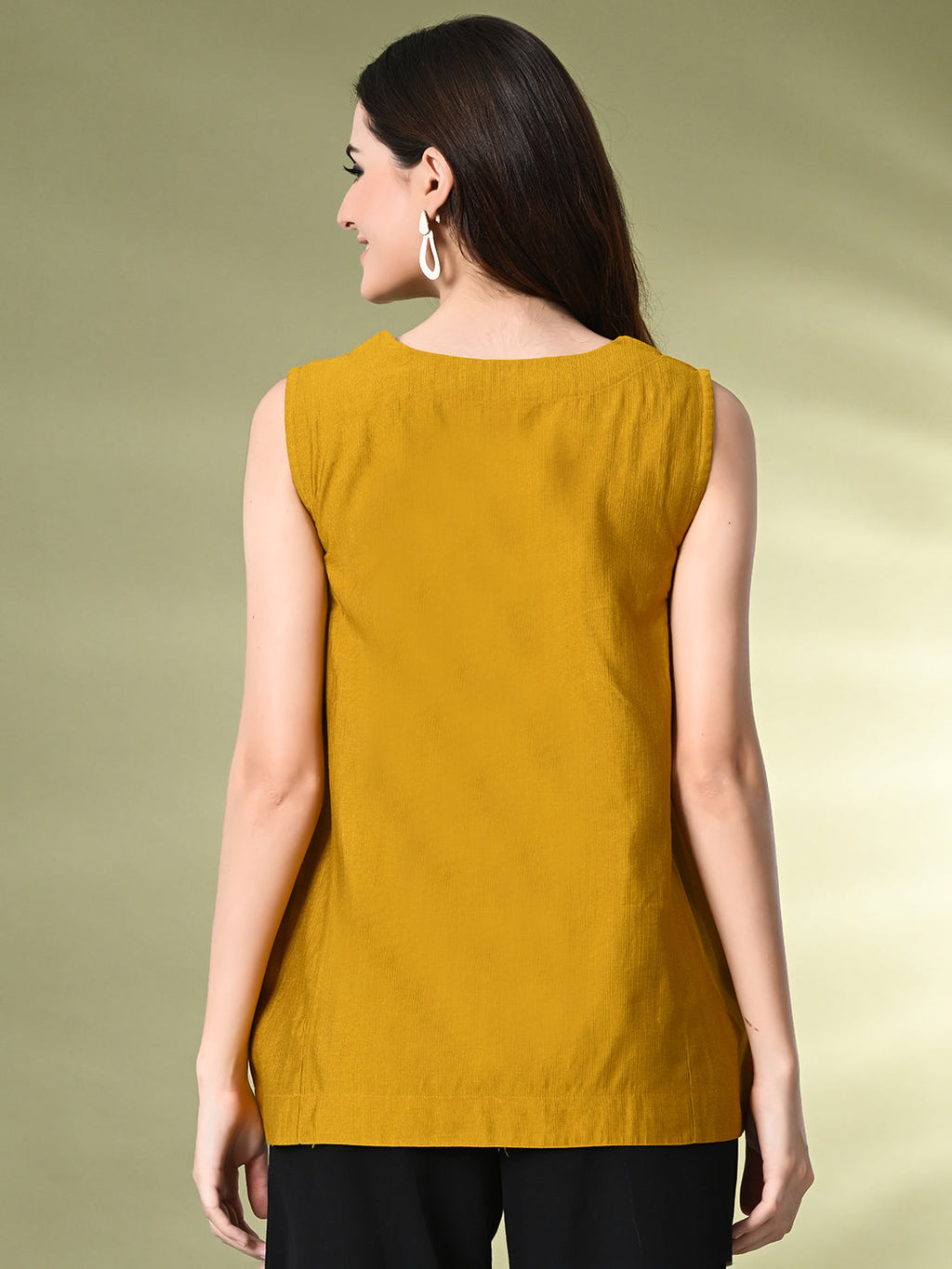Myshka Women's Solid Embellished Sleeveless Casual Tops In Mustard Color | Grocsy