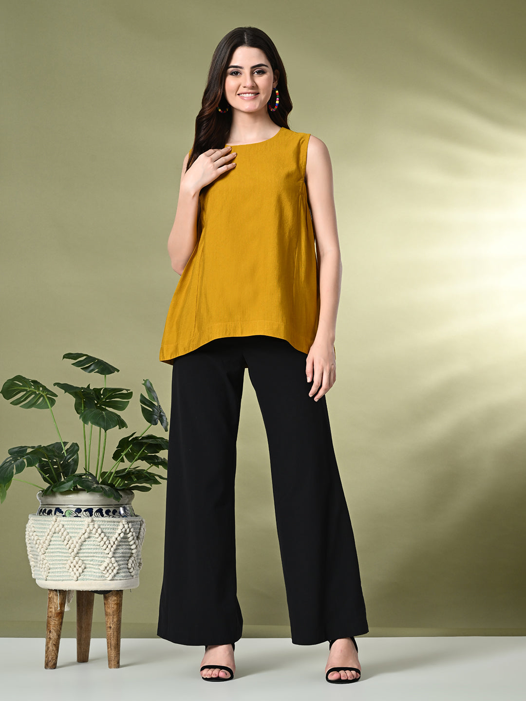 Myshka Women's Solid Embellished Sleeveless Casual Tops In Mustard Color | Grocsy