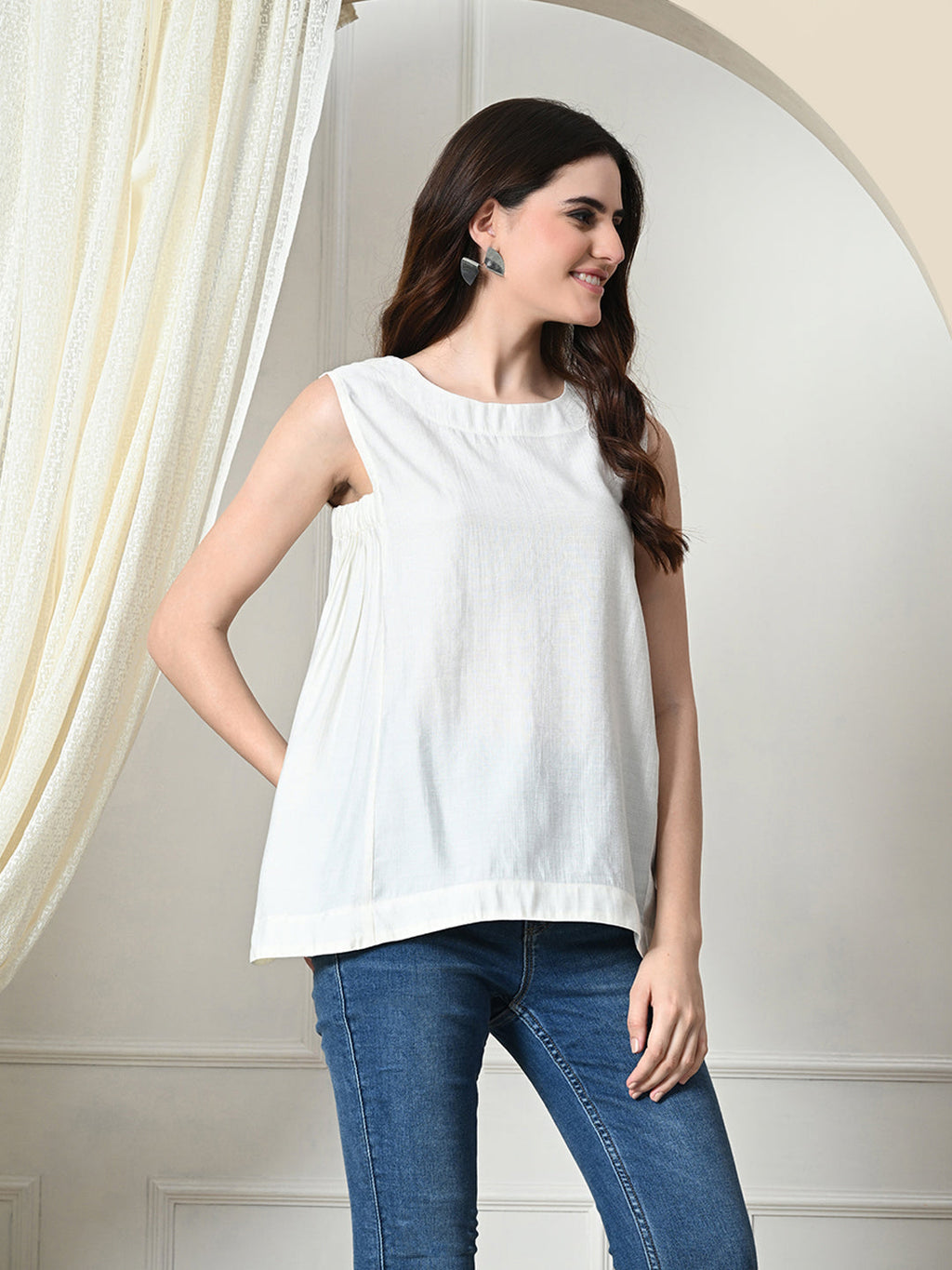 Myshka Women's Solid Embellished Sleeveless Casual Tops In White Color | Grocsy